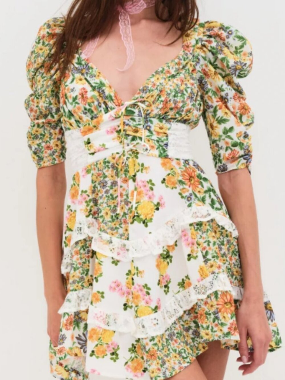 For Love & Lemons White Floral Tiered Mini Dress with Yellow & Pink Flowers